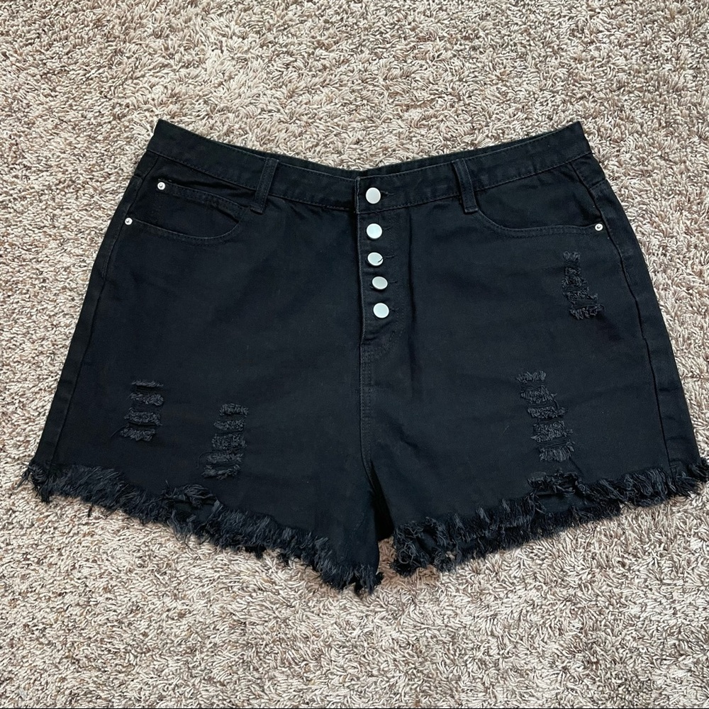 Shein Black Distressed Denim Cutoff Shorts Button Fly Size 2XL